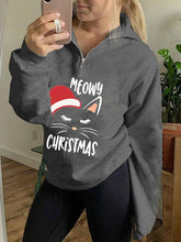 Load image into Gallery viewer, Ladies Cat Christmas Hat MEOWY CHRISTMAS Letter Print Zip Neckline Long Sleeve Sports Sweatshirt