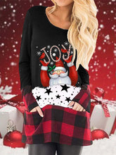 Load image into Gallery viewer, Christmas Cartoon Print Plaid Stitching Long-Sleeved T-Shirt
