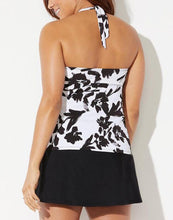 Load image into Gallery viewer, Black White Floral Halter Tankini Set With Skirt