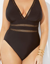 Load image into Gallery viewer, Black Lattice Plunge One Piece Swimsuit