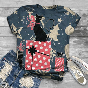 Women's Casual Christmas Cat Gift Graphic Print Crew Neck T-Shirt