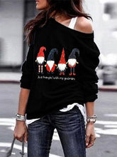 Load image into Gallery viewer, Ladies Santa Printed Long Sleeve Oblique Shoulder Sweatshirt
