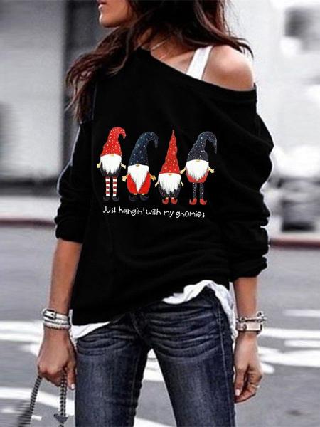 Ladies Santa Printed Long Sleeve Oblique Shoulder Sweatshirt