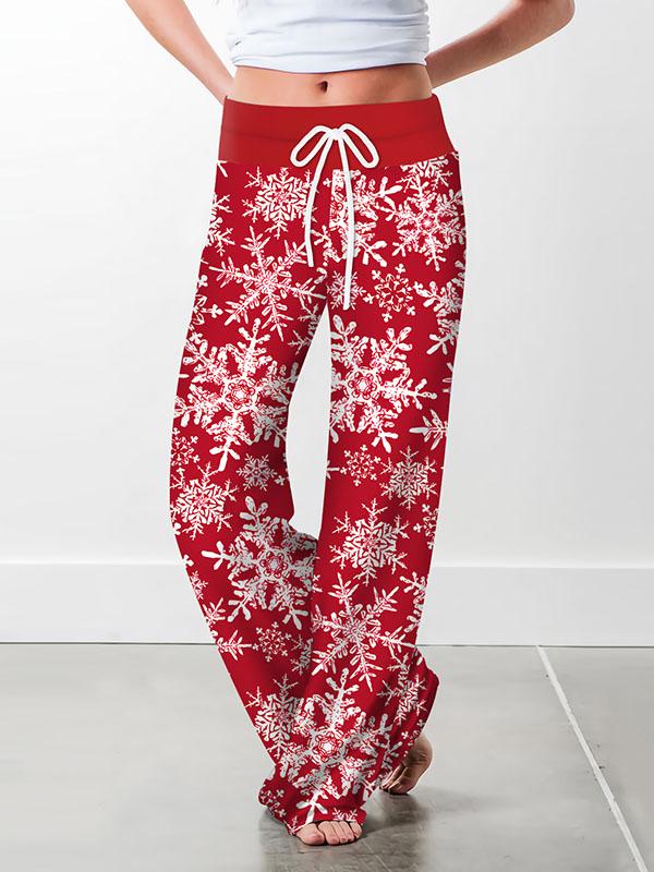 Ladies Christmas floral print casual loose-fitting drawstring wide-leg trousers