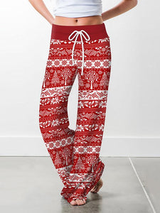 Ladies Christmas floral print casual loose-fitting drawstring wide-leg trousers