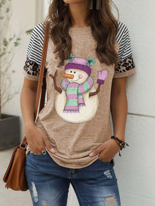 Ladies Christmas Snowman Print Short Sleeve Leopard Print Stitching Casual T-Shirt