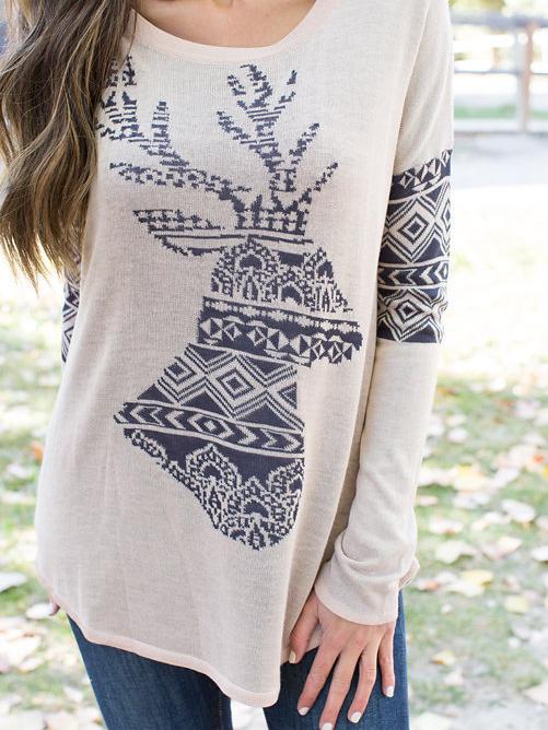 Christmas Elk Print Long Sleeve Round Neck T-Shirt