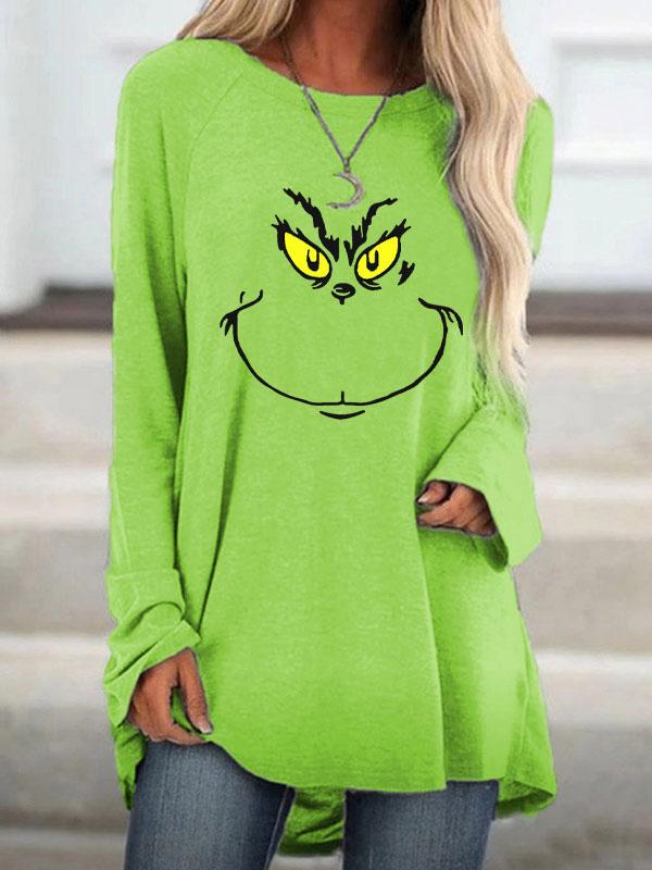Women's Grinch Face Print Crew Neck Casual Top