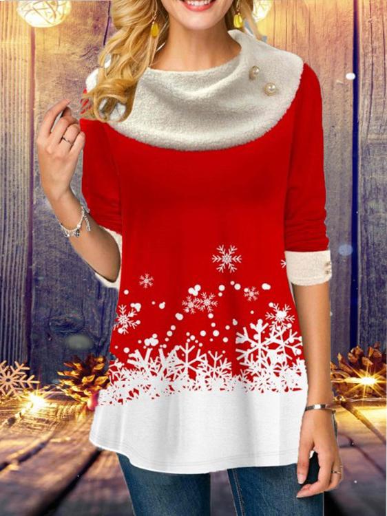 Christmas Print Pile Collar Long Sleeved T-Shirt