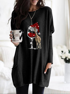 Women's giraffe red wine glass print long sweater