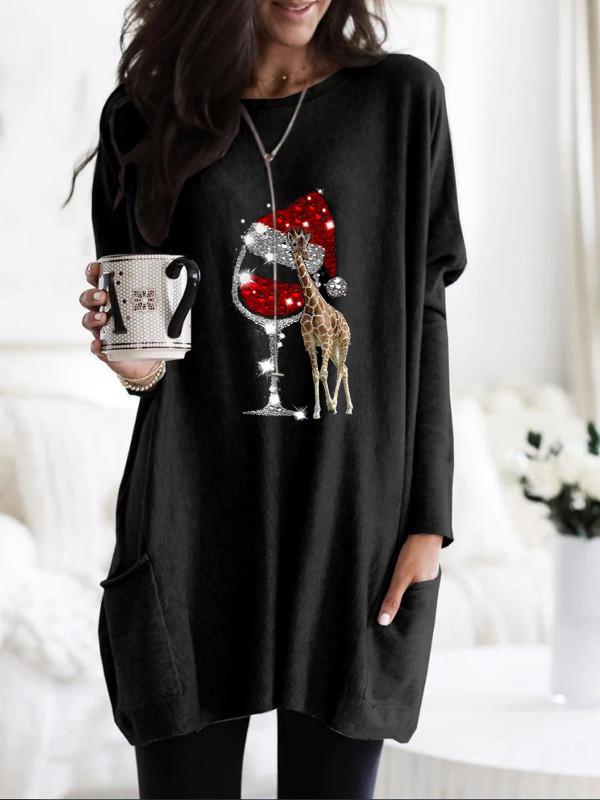 Women's giraffe red wine glass print long sweater