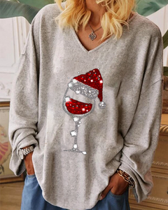 Ladies Christmas wine glass print shirt