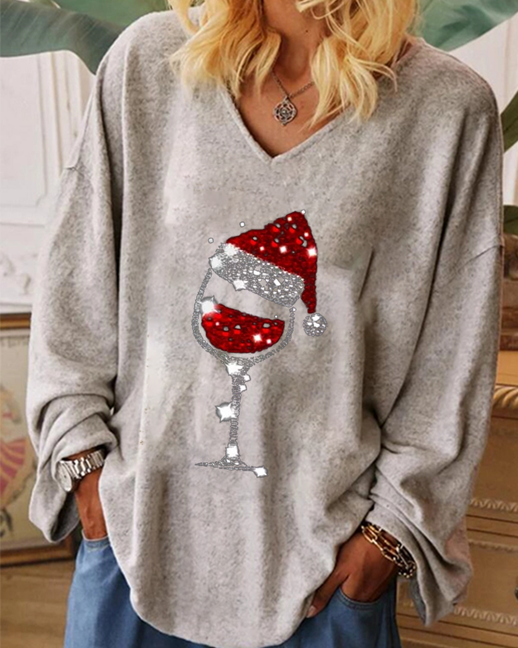 Ladies Christmas wine glass print shirt