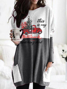 Women's Christmas Hallmark stitching pocket knit top