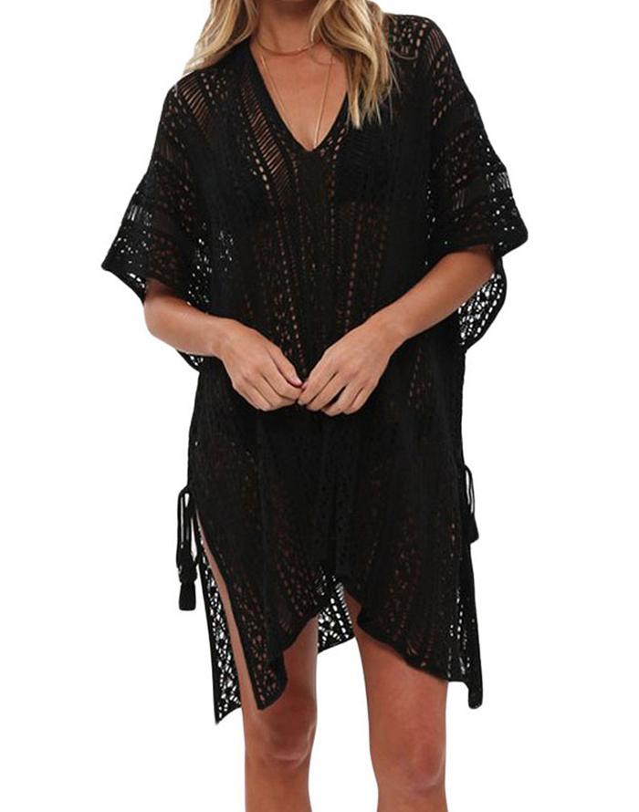 FULLFITALL- Black Blouse Loose V-Neck Cover Up